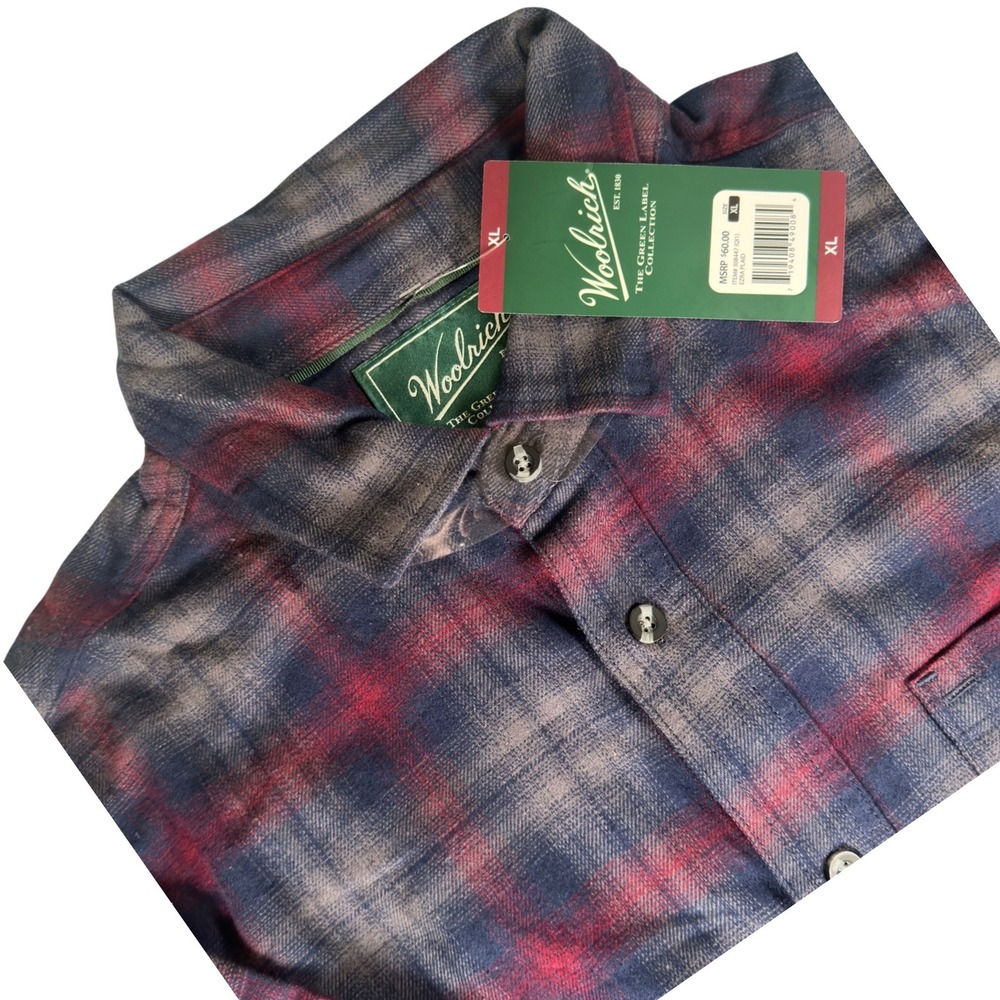 Woolrich Mens Flannel Shirt Navy Red Grey Plaid Cotton Button Up Outdoor XL NWT